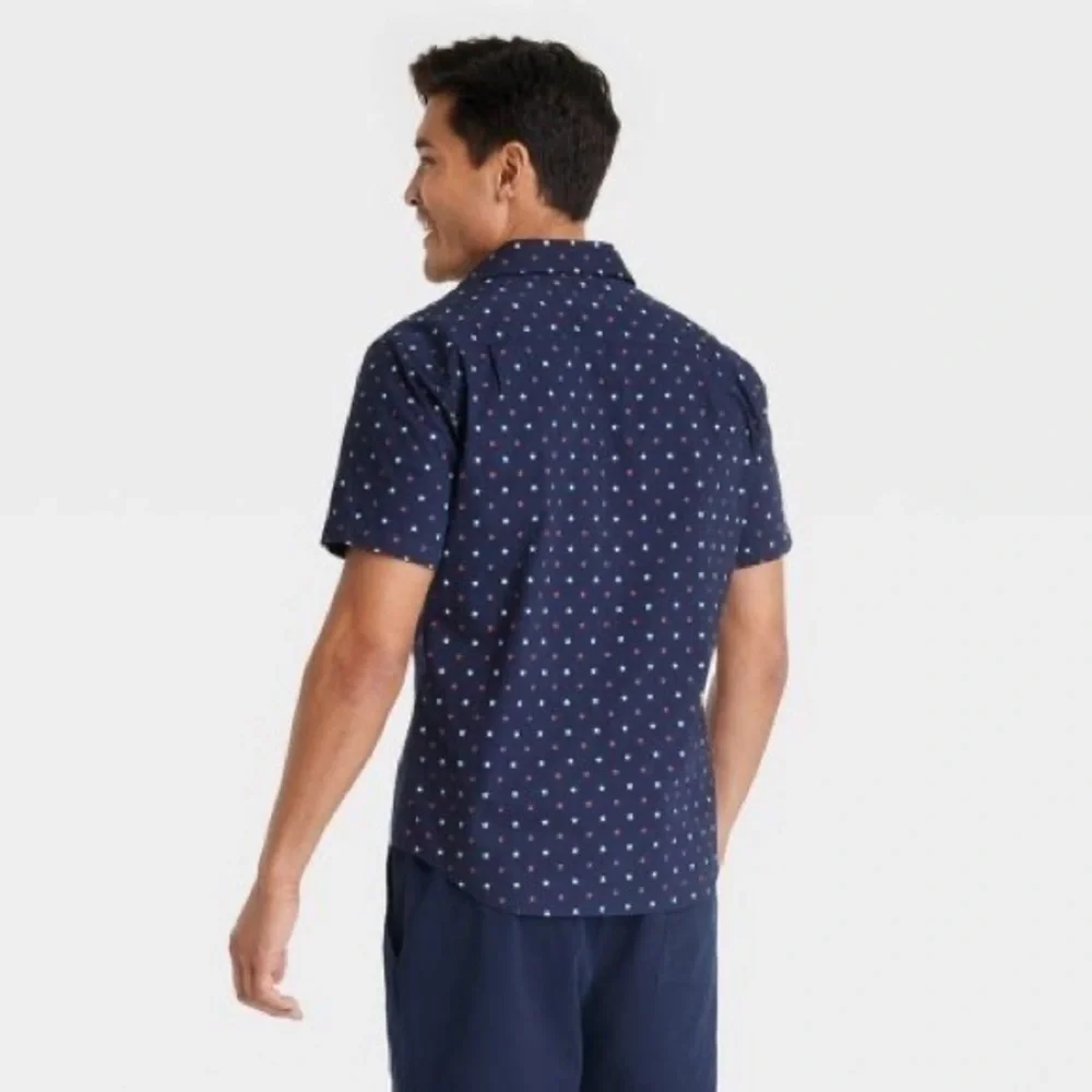 Star Print Short Sleeve Button-Down Shirt Goodfellow & Co Heathered Navy Blue